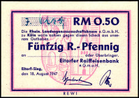 RHEINLAND. Eitorf, Raiffeisenbank e.GmbH. 3x 10 Pf. 1x 50 Pf. 18.8.1947. Schecks. 1x KZ gestempelt. 1x KZ gestempelt mit handschr.Buchstaben ,1x hands...