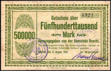 RHEINLAND. Jungenthal, Lokomotivenfakrik Arn. Jung. 500 t.m. 500 Tausend Mark 20.8.1923 blaues Papier, Lokomotive mit Stpl. Bürgermeisteramt Kirchen. ...