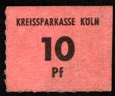 RHEINLAND. Köln, Kreissparkasse d. Landkreise Köln und . 10 Pf. o.D kl.Bon .Papier hell rot. v.Eck&nbsp; ,-. .
