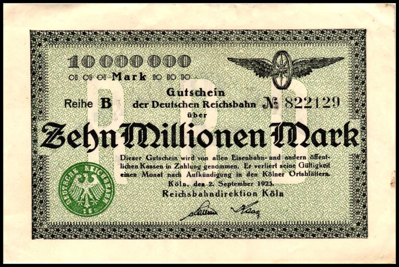 RHEINLAND. 
Köln, Reichsbahndirektion. 2x10, 2x20, 100, 500 Mio. Mark 2.9.1923,...