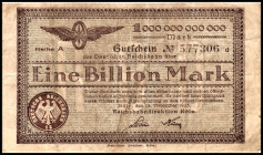 RHEINLAND. Köln,  Reichsbahndirektion. 1 Bio.Mark 18.11.1923 Wz.C-Kreuz-Muster, Reihe A. v.E 810.21. .