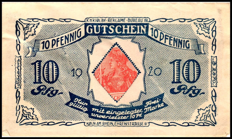 RHEINLAND. 
Köln, Reklame-Atelier K.H.Kjölby. 2x 10 Pfg. 1920 Rs 1x .Carl Grave...