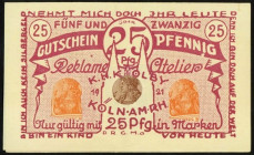RHEINLAND. Köln, Reklame-Atelier K.H.Kjölby. 25 Pfg. 1921 Briefmarken innenliegend 5,10, 10Pf.rotviolett. Rs.Werbung von Carl Grave, Jean Zacher.und w...