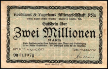 RHEINLAND. Köln, Speditions & Lagerhaus AG. 2 Mio. Mark 15.8.1923 Wz.Wellen.Serie A. v.E. 824.1, Ke. 2705. .