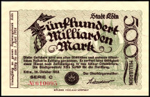 RHEINLAND. Köln, Stadt. 500 Mrd. Mark 26.10.1923 -1.4.1924 Wz. 1x Dopplschlingen Serie A, 1x Wz. Delta-Muster Serie C. v.E. 776.109, 110b. 2 Stück.