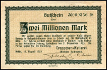 RHEINLAND. Köln, Treppchen-Kellerei M.Beckmann. 2 Mio. Mark 15.8.1923 2 wechselnde h.Uschr. v.E. 830.1. .