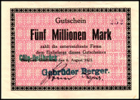 RHEINLAND. Köln-Dellbrück, Gebr. Berger. 2 x 1Mio. und 2 u. 5 Mio.Mark 6.8.1923 bis 1.10.1923. Berg. Gladbach überstempelt. v.E.&nbsp; 837.1a.b,2a,3a....