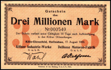 RHEINLAND. Köln-Ehrenfeld, Heliosbau,. 2, 3 Mio.Mark 17.08.1923. v.E.&nbsp; 849.1.2. (2).