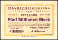 RHEINLAND. Köln-Ehrenfeld, Mauser Eisenwerke. 5 Mio.Mark Gutschein 17.08.1923 -Entwertet und 3 Mark von 01.10.1918. ( Kriegsgefangenenlagergeld ). v.E...