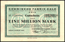 RHEINLAND. Köln-Kalk, Chemische Fabrik Kalk. 1 Mio. Mk. 9.8.1923 bis 1.10.1923. KN 5,0 mm. Ringel-Var. v.E. 785.4. .