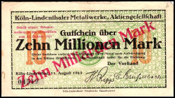 RHEINLAND. Köln-Lindenthal, Metallwerke-AG. 1, 2, 5 Mio u. 10 Mrd. Mark 15.08.1923 10 Mrd. auf 10.Mio.Mark roter Überdrück. v.E.&nbsp; 863.1a,3,5,9. (...