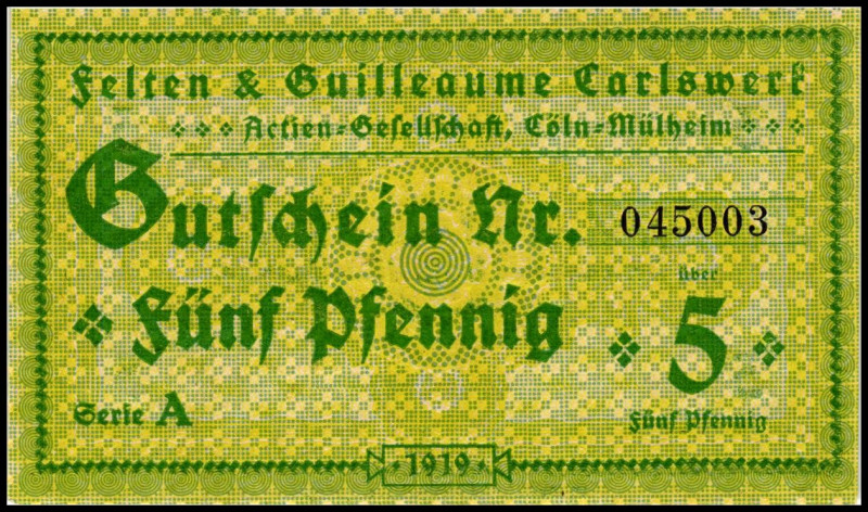RHEINLAND. 
Köln-Mülheim, Felten & Guilleaume Carlswerk-AG. 5 Pfg. 1919 Serie A...