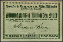 RHEINLAND. Köln-Mülheim, Stöcker & Kunz-GmbH. 25 Mrd. Mark 26.10.1923 -15.11.1923. Papier hellgrün. v.E. 873.4. .