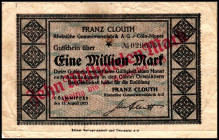 RHEINLAND. Köln-Nippes, Rhein.Gummiwaren Franz Clouth-AG. 1 Mio. Mk. 10 Mrd.Mark Überdrück auf 1 Mio.Mark vom 15.08.1923 Wz.Wellen. v.E. 875.5. .