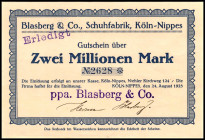 RHEINLAND. Köln-Nippes, Schuhfabrik Blasberg & Co.. 2 Mio. Mark 24.8.1923. v.E.&nbsp; 874.2b. .