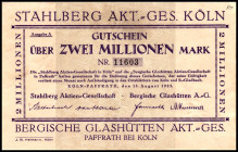 RHEINLAND. Köln-Paffrath, Stahlwerk-AG / Berg.Glashütt.-AG. 1 u. 2 Mio. Mk. 15.08.1923. v.E. 882.1,2. (2).
