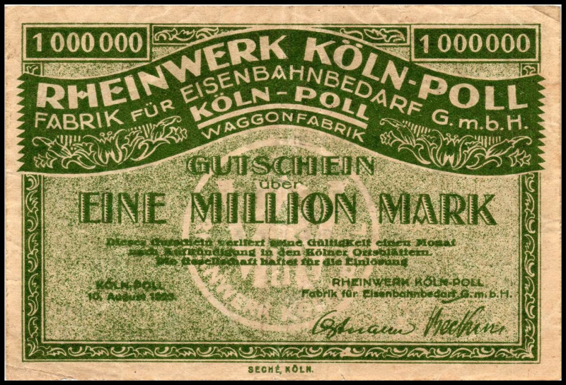 RHEINLAND. 
Köln-Poll, Rheinwerk GmbH. 1 Mio. Mark 10.08.1923 Wz.Verschlugene K...