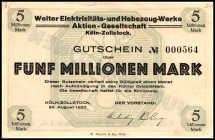 RHEINLAND. Köln-Zollstock, Welter Elektrizitäts- u.. 1,2,5 Mio. Mark 20.8.1923. v.E. 891.1,2.a ,3. (3).