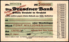RHEINLAND. Krefeld, Deutsche Bank. 5 Mio. Mark 10.8.1923 Scheck auf Dresdner Bank, 100 T.Mark 18.7.1923 Scheck auf Essener Credit-Anstalt.(2). Ke. 917...
