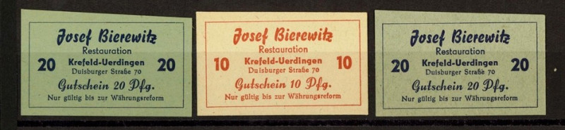 RHEINLAND. 
(Krefeld-) Uerdingen, Bierewitz Restauration. 1x 10, 2x20 Pf. o.D. ...