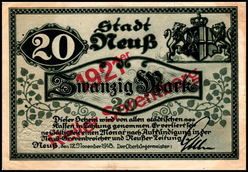 RHEINLAND. 
Neuss, Stadt. 5 , 10, 20 Mark 12.11.1918 Überdruck "1921er Uerziger...