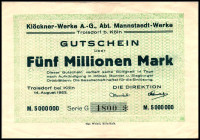 RHEINLAND. Troisdorf, Mannstaedt-Werke d. Klöcknerwerke-AG. 500 Tsd. Mark 14.08.1923 1 Mio (24.08.1923 ), 2 Mio.Mark ( 20.081923 ) und 2 Mio.Mark (24....