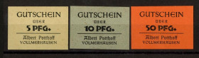 RHEINLAND. Vollmerhausen, A.Potthoff. 5,10 , 50Pfg. o.D(1947). v.E.&nbsp; 1309,2, 3, 4, Ke. ., Schöne. 3861b, 3862, 3863. 3 Stück..