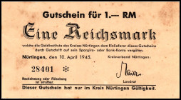 WÜRTTEMBERG. Nürtingen, Kreisverband. 1 RM 10.4.1945 Gutscheine des Kreisverbandes, nicht entwertet,R!. Pi.107 Schöne 131a.