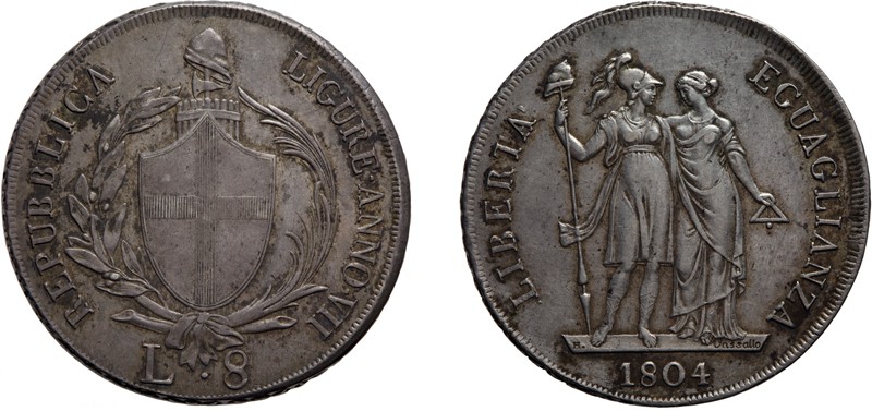 ZECCHE ITALIANE. REPUBBLICA LIGURE (1798-1805). 
8 LIRE 1804
Argento, 33,25 gr...