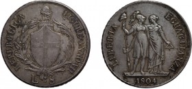 ZECCHE ITALIANE. REPUBBLICA LIGURE (1798-1805). 
8 LIRE 1804
Argento, 33,25 gr, 41 mm. Rara. SPL+
D: REPUBBLICA LIGURE Stemma di Genova, su fascio ...