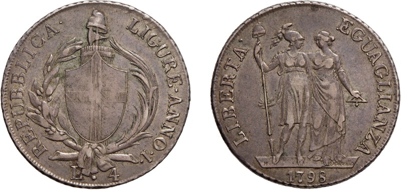 ZECCHE ITALIANE. REPUBBLICA LIGURE (1798-1805). 
4 LIRE 1798
Argento, 16,53 gr...