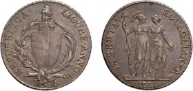 ZECCHE ITALIANE. REPUBBLICA LIGURE (1798-1805). 
4 LIRE 1798
Argento, 16,53 gr, 33 mm. Rara. qSPL
D: REPUBBLICA LIGURE Stemma di Genova, su fascio ...