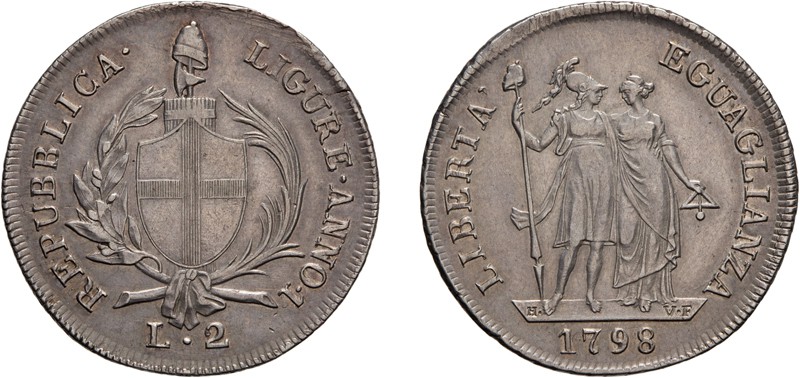 ZECCHE ITALIANE. REPUBBLICA LIGURE (1798-1805). 
2 LIRE 1798
Argento, 8,28 gr,...