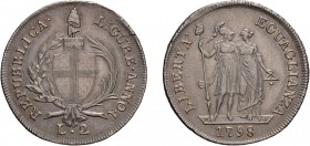 ZECCHE ITALIANE. REPUBBLICA LIGURE (1798-1805). 
2 LIRE 1798
Argento, 8,28 gr, 29 mm. Rara. qSPL
D: REPUBBLICA LIGURE Stemma di Genova, su fascio s...