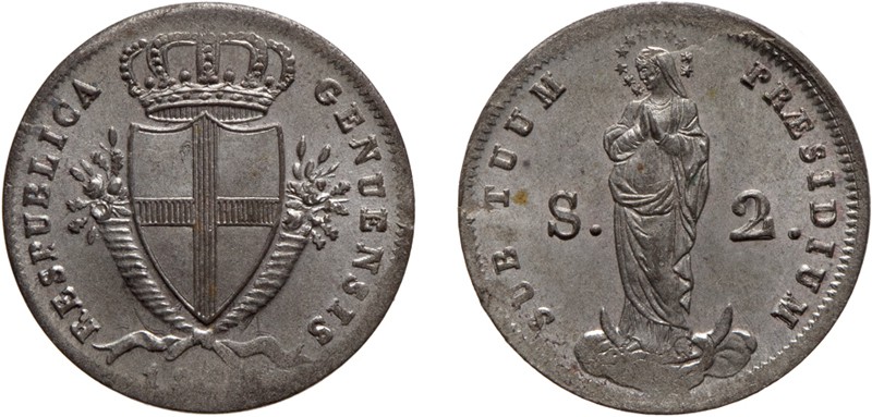 ZECCHE ITALIANE. REPUBBLICA GENOVESE. 2 SOLDI 1814
Mistura, 2,40 gr, 18 mm. SPL...
