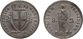 ZECCHE ITALIANE. REPUBBLICA GENOVESE. 2 SOLDI 1814
Mistura, 2,40 gr, 18 mm. SPL+ 
D: Stemma di Genova coronato tra cornucopie- sotto, 1814. 
R: La ...