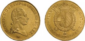 ZECCHE ITALIANE. DUCATO DI MILANO. 
FRANCESCO II (1792-1800). SOVRANA 1794 M
Oro, 11,08 gr, 28 mm. Molto Rara. Colpetti. SPL
D: FRANC II D G R IMP ...