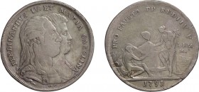 ZECCHE ITALIANE. REGNO DI NAPOLI. 
FERDINANDO IV (1759-1816). 120 GRANA 1791
Argento, 27 gr, 42 mm. Molto Rara. MB+
D: FERDINANDVS IV ET MARIA CARO...