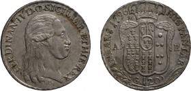ZECCHE ITALIANE. REGNO DI NAPOLI. 
FERDINANDO IV (1759-1816). 120 GRANA 1786
Argento, 27,53 gr, 40 mm. SPL+
D: FERDINAN . IV . D . G. SICILIAR . ET...