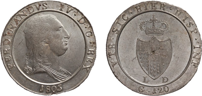 ZECCHE ITALIANE. REGNO DI NAPOLI. 
FERDINANDO IV (1759-1816). 120 GRANA 1805
A...