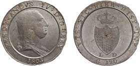 ZECCHE ITALIANE. REGNO DI NAPOLI. 
FERDINANDO IV (1759-1816). 120 GRANA 1805
Argento, 27,42 gr, 37 mm. Rara. Minimi graffietti, soliti difetti. FDC...