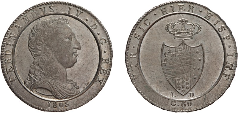 ZECCHE ITALIANE. REGNO DI NAPOLI. 
FERDINANDO IV (1759-1816). 60 GRANA 1805
Ar...