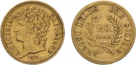 ZECCHE ITALIANE REGNO DELLE DUE SICILIE. 
GIOACCHINO MURAT (1808-1815). 20 LIRE 1813
Oro, 6,36 gr, 21 mm. Con punto. qBB
D: GIOACCHINO / NAPOLEONE ...