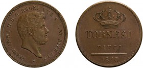 REGNO DELLE DUE SICILIE. FERDINANDO II (1830-1859). 
10 TORNESI 1840
Rame, 29,45 gr, 37 mm. Minimi colpetti. BB+/SPL
D: FERDINANDVS II. D. G. REGNI...