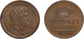 REGNO DELLE DUE SICILIE. FERDINANDO II (1830-1859). 
TORNESI DUE 1855
Rame, 5,65 gr, 24 mm. FDC
D: FERDINANDVS II D G REGNI VTR SIC ET HIER REX Tes...