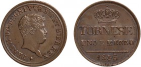REGNO DELLE DUE SICILIE. FERDINANDO II (1830-1859). 
TORNESE UNO E MEZZO 1836
Rame, 4,25 gr, 22 mm. Rara. qFDC
D: FERD II D G REGNI VTR SIC ET HIER...