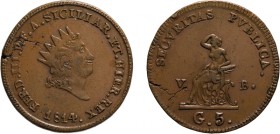 ZECCHE ITALIANE. REGNO DI SICILIA. 
FERDINANDO III (1759-1816). 5 GRANI 1814
Non comune. Frattura del tondello. QSPL
D: FERD . III . P . F . A . SI...