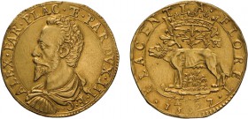 ZECCHE ITALIANE. PIACENZA. ALESSANDRO FARNESE (1586-1591). 
QUADRUPLA 1597
Oro, 11,67 gr, 27 mm. Rara. Leggermente tosata. Buon BB.
D: ALEX FAR PLA...