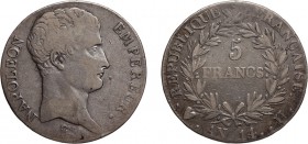 ZECCHE ITALIANE (NAPOLEONE IN ITALIA). TORINO. 
NAPOLEONE I IMPERATORE (1804-1814). 5 FRANCHI AN 14
Argento, 24,68 gr, 37 mm. Molto Rara. BB
D: NAP...