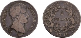 ZECCHE ITALIANE (NAPOLEONE IN ITALIA). TORINO. 
NAPOLEONE I IMPERATORE (1804-1814). 
1 FRANCO ANNO 14 
Argento, 4,88 gr, 22 mm. Rarissima. MB
D: N...